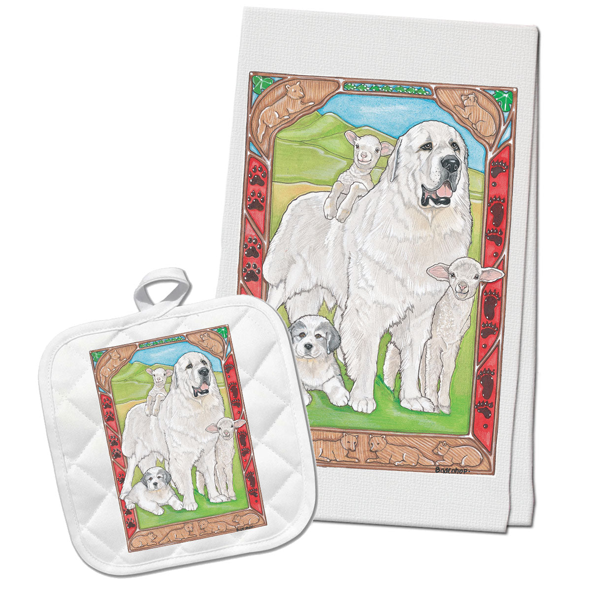 Great Pyrenees Kitchen Dish Towel and Pot Holder Gift Set Pipsqueakproductions