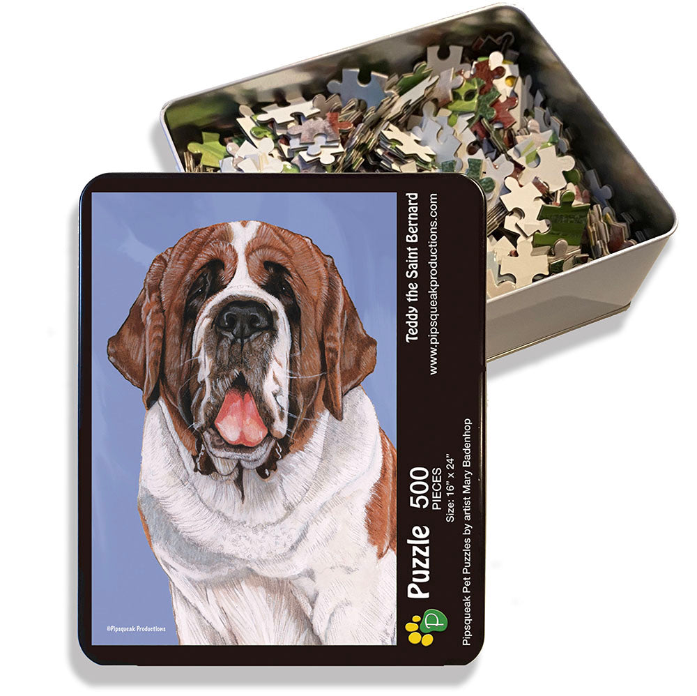 Saint Bernard Jigsaw Puzzle, 500-piece with reusable Tin, from painting by Mary Badenhop, Art Puzzle, Cute Gifts for Dog Lovers - Pipsqueakproductions