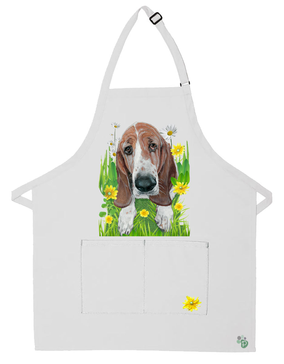Basset Hound Daisy Apron Two Pocket Bib Apron with Adj Neck