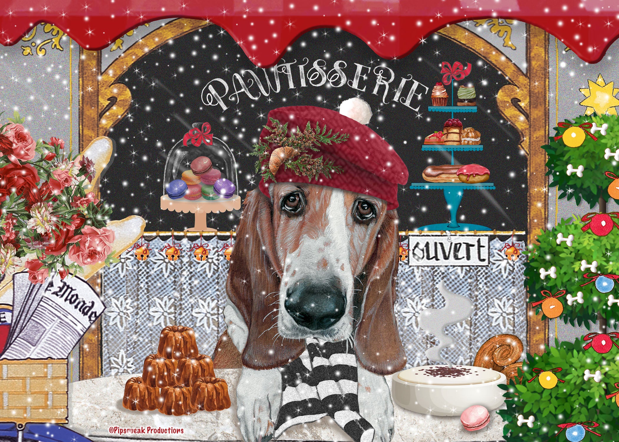 Basset Hound Patisserie Christmas Cards Set Of 10 Cards And 10 Envelopes