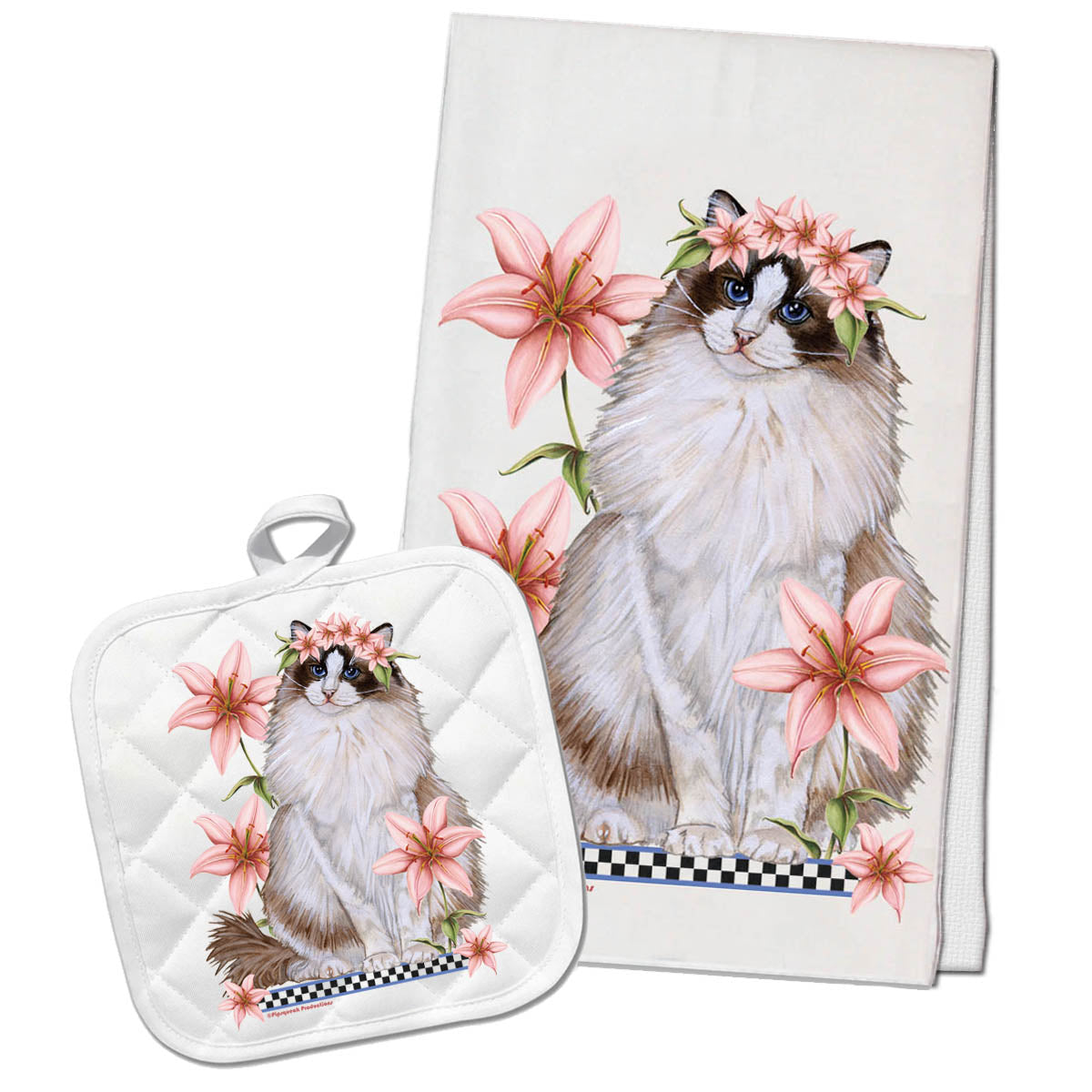 Cat Ragdoll Kitchen Flour Sack Towel and Pot Holder Gift Set