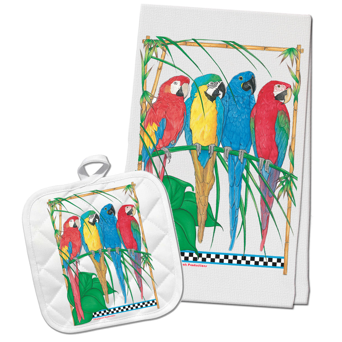 Macaw Parrot Floral Kitchen Dish Towel And Pot Holder Gift Set