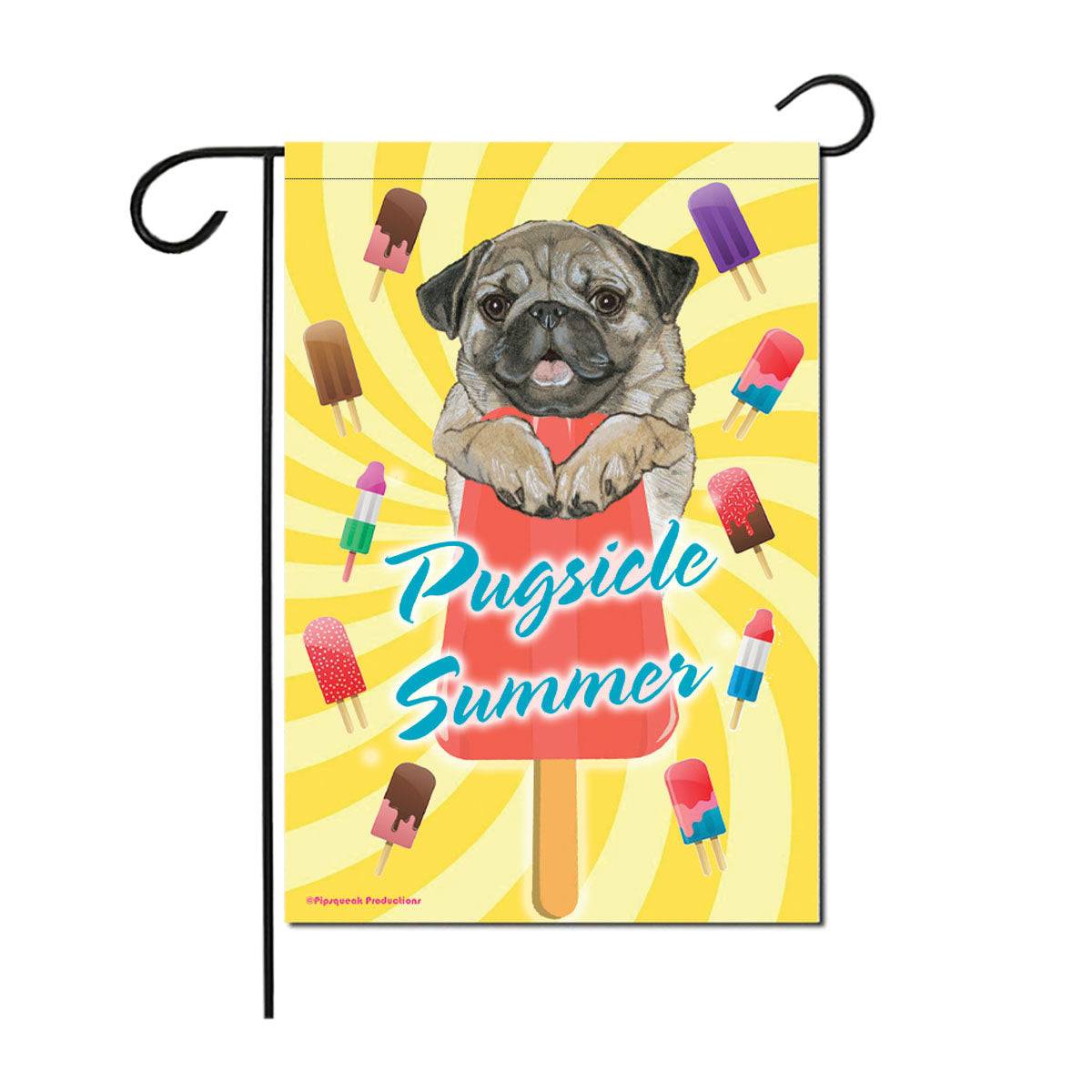 Pug Pugsicle Summer Garden Flag, Double-Sided 12" x 18" Yard Outdoor Decor