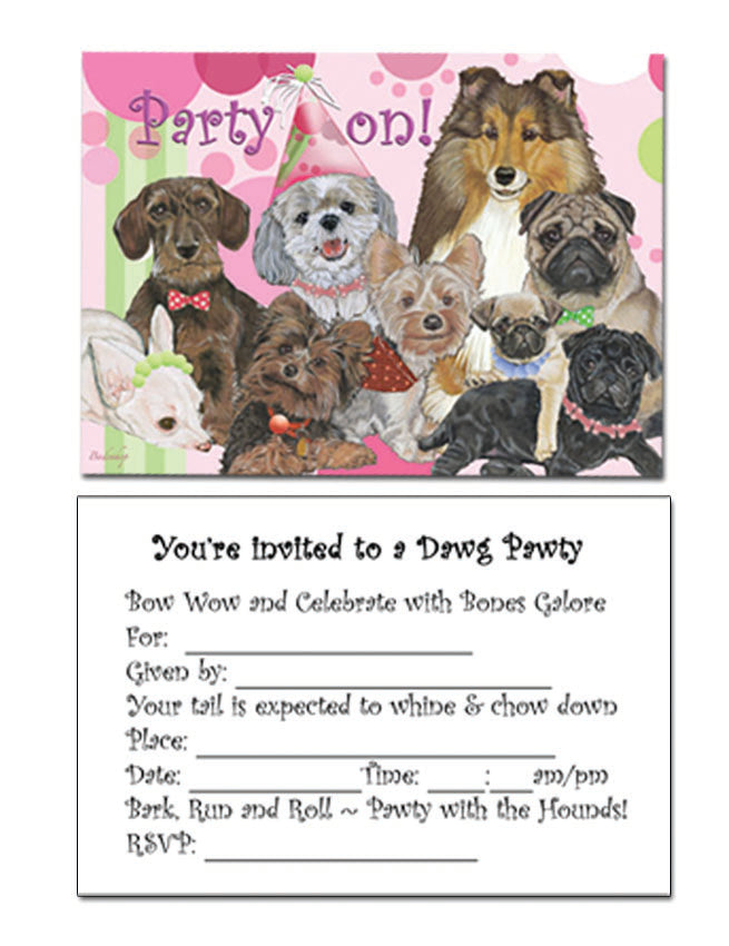 Dog Party Invitation Cards Set of 10 cards & 10 envelopes - Pipsqueakproductions