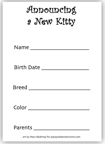 Kitty Announcement Cards Set of 10 cards & 10 envelopes - Pipsqueakproductions