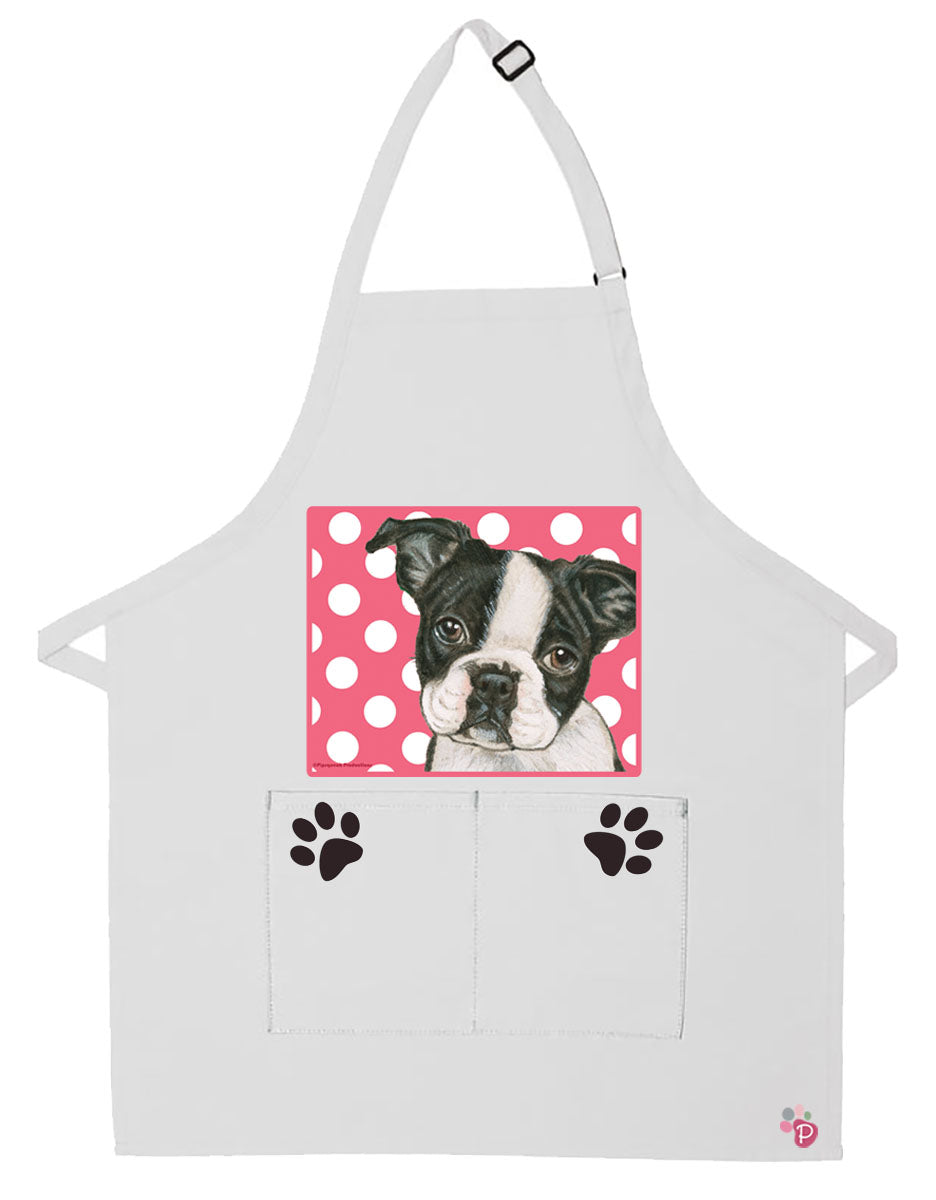 Boston Terrier Dog Pup Apron Two Pocket Bib Apron with Adj Neck - Pipsqueakproductions