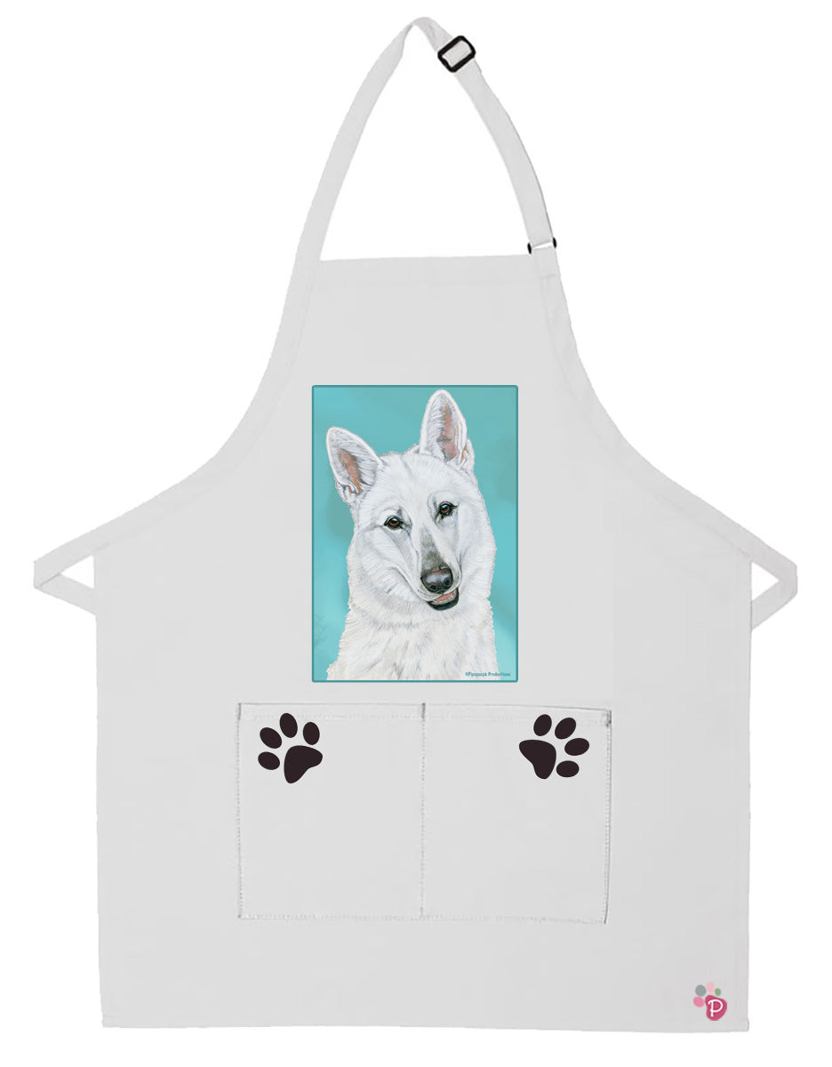 White Shepherd Dog Apron Two Pocket Bib Apron with Adj Neck - Pipsqueakproductions