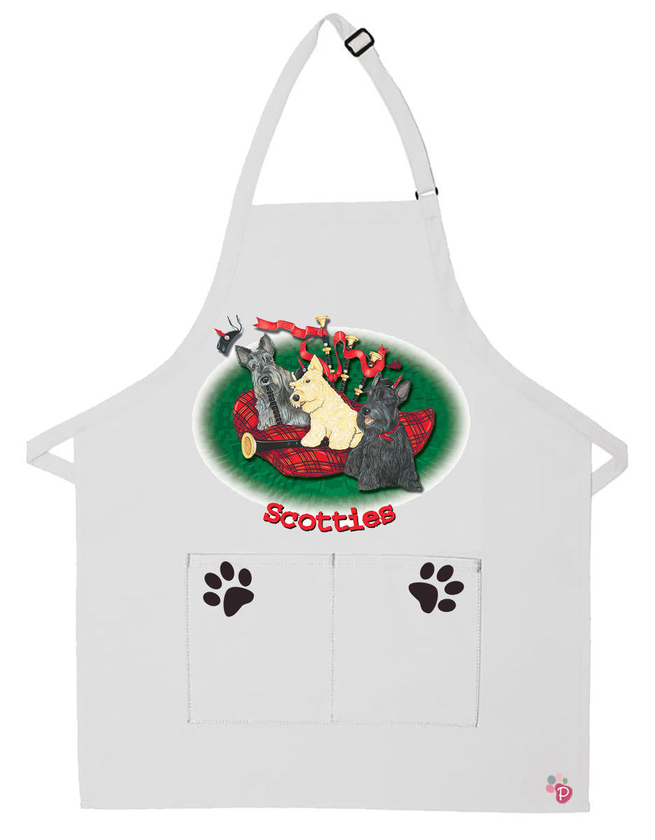 Scottish Terrier Scottie Dog Apron Two Pocket Bib Apron with Adj Neck - Pipsqueakproductions