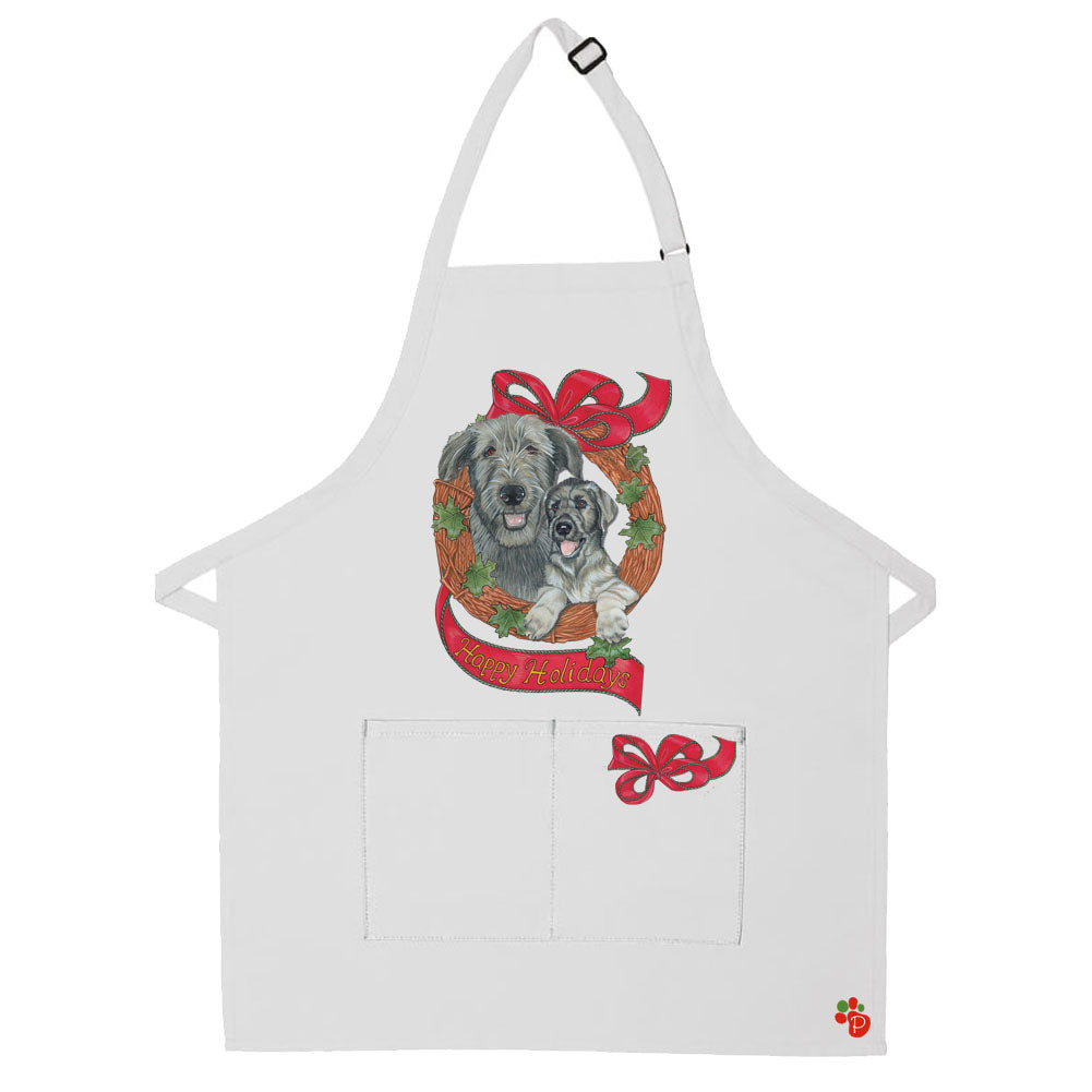 Irish Wolfhound Dog Wreath Christmas Apron Two Pocket Bib Apron with Adj Neck - Pipsqueakproductions