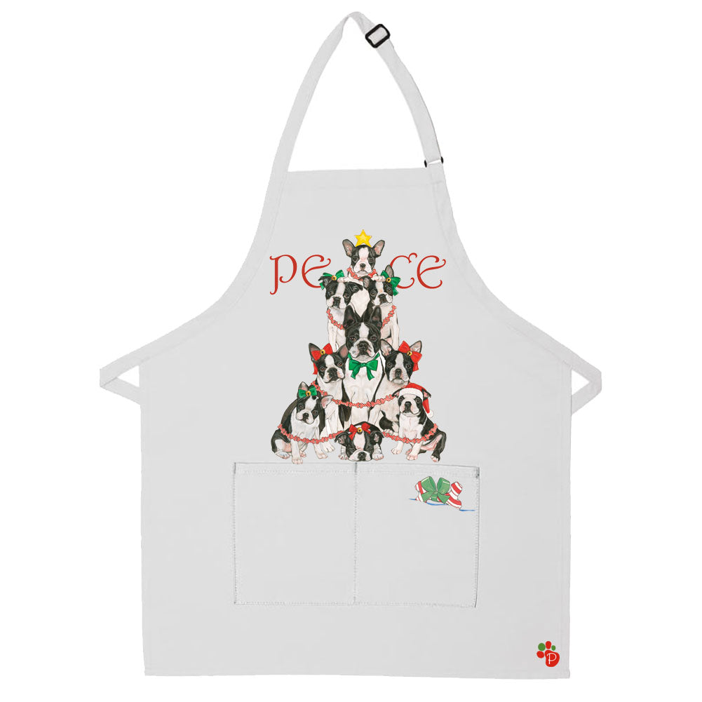 Boston Terrier Dog Peace Tree Christmas Apron Two Pocket Bib Apron with Adj Neck - Pipsqueakproductions