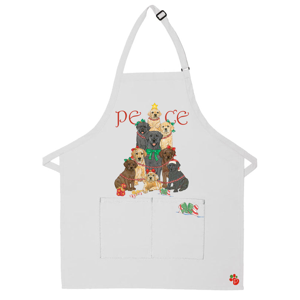 Labrador Retriever Dog Peace Tree Christmas Apron Two Pocket Bib Apron with Adj Neck - Pipsqueakproductions