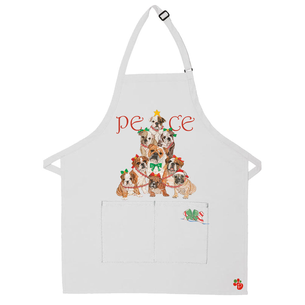 Bulldog Peace Tree Christmas Apron Two Pocket Bib Apron with Adj Neck - Pipsqueakproductions