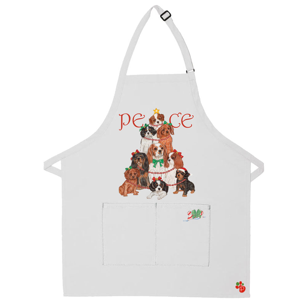 Cavalier King Charles Dog Peace Tree Christmas Apron Two Pocket Bib Apron with Adj Neck - Pipsqueakproductions