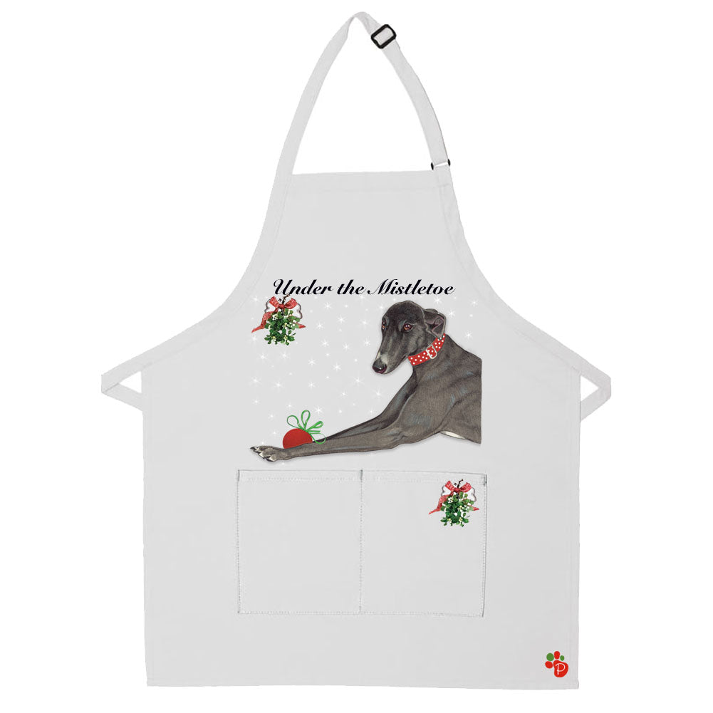 Greyhound Black Greyhound Dog Under the Mistletoe Dog Christmas Apron Two Pocket Bib Apron with Adj Neck - Pipsqueakproductions