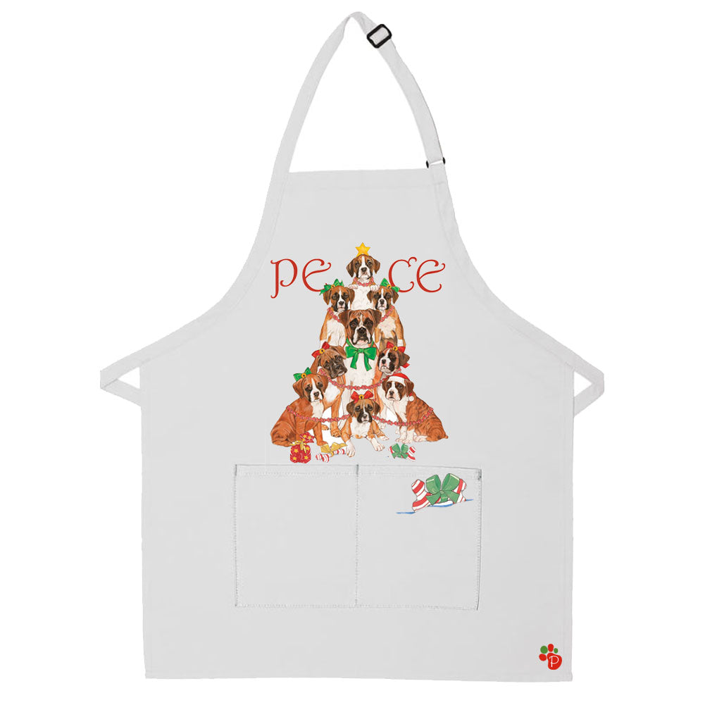 Boxer Dog Peace Tree Christmas Apron Two Pocket Bib Apron with Adj Neck - Pipsqueakproductions