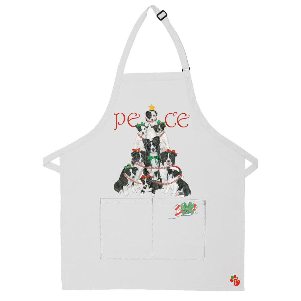 Border Collie Dog Peace Tree Christmas Apron Two Pocket Bib Apron with Adj Neck - Pipsqueakproductions
