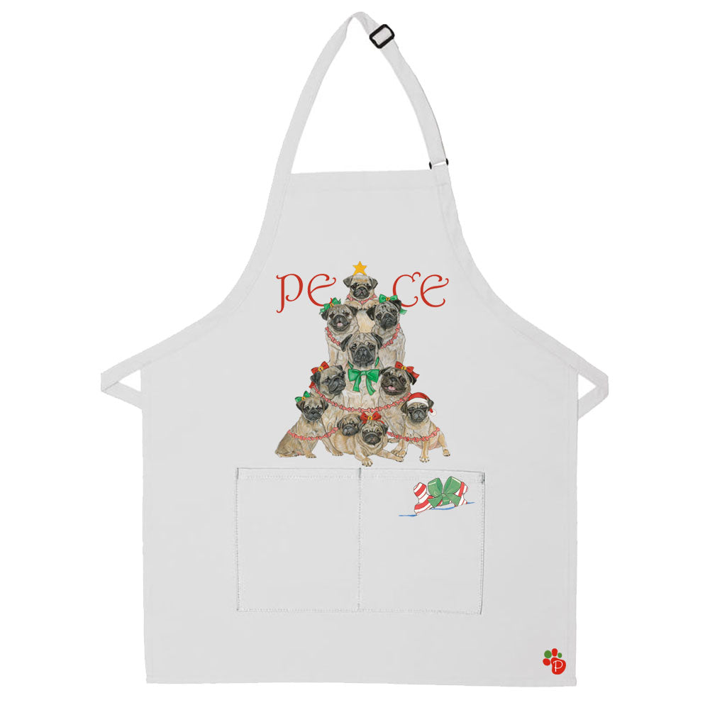 Pug Dog Peace Tree Christmas Apron Two Pocket Bib Apron with Adj Neck - Pipsqueakproductions