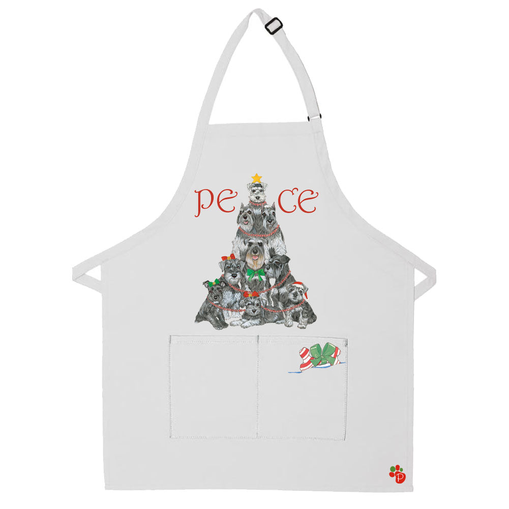 Schnauzer Dog Peace Tree Christmas Apron Two Pocket Bib Apron with Adj Neck - Pipsqueakproductions