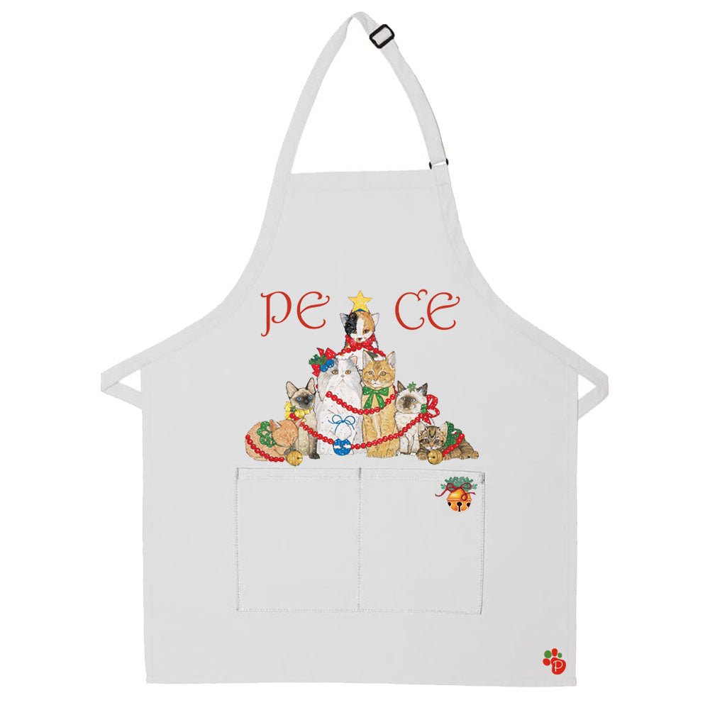 Cat Group Peace Tree Christmas Apron Two Pocket Bib Apron with Adj Neck - Pipsqueakproductions