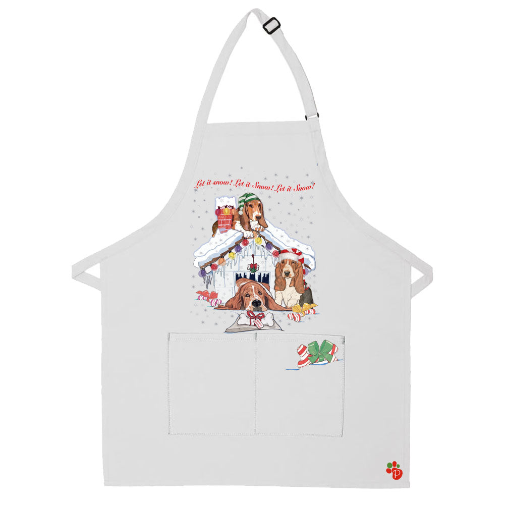 Basset Hound Dog Holiday House Christmas Apron Two Pocket Bib Apron with Adj Neck - Pipsqueakproductions