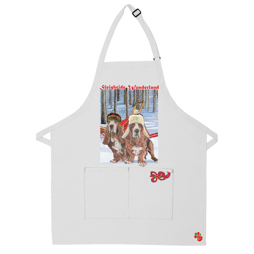 Basset Hound Holiday Trail Christmas Apron Two Pocket Bib with Adjustable Neck