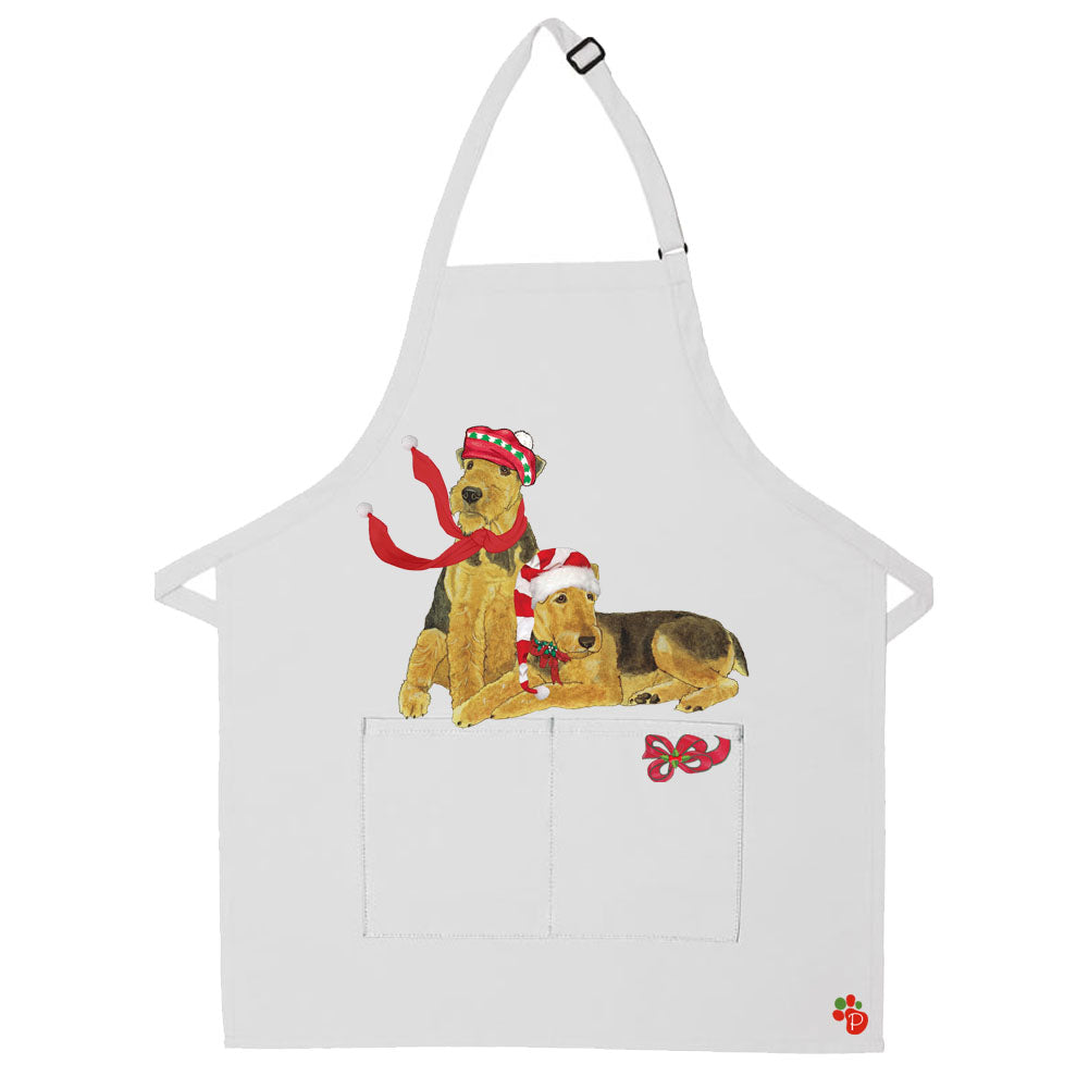 Airedale Terrier Dog Christmas Apron Two Pocket Bib Apron with Adj Neck - Pipsqueakproductions