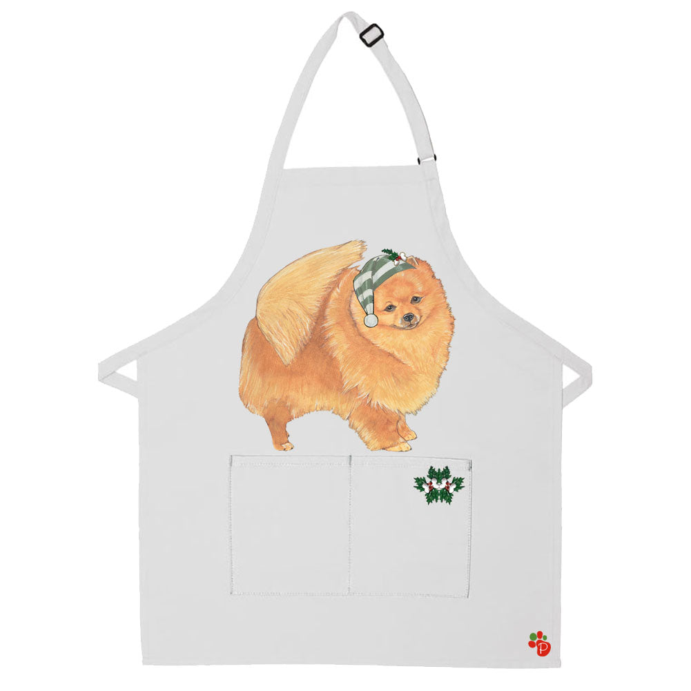 Pomeranian Dog Christmas Apron Two Pocket Bib Apron with Adj Neck - Pipsqueakproductions