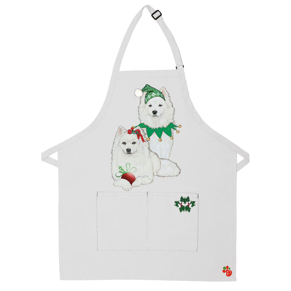 American Eskimo Eskie Dog Christmas Apron Two Pocket Bib Apron with Adj Neck - Pipsqueakproductions