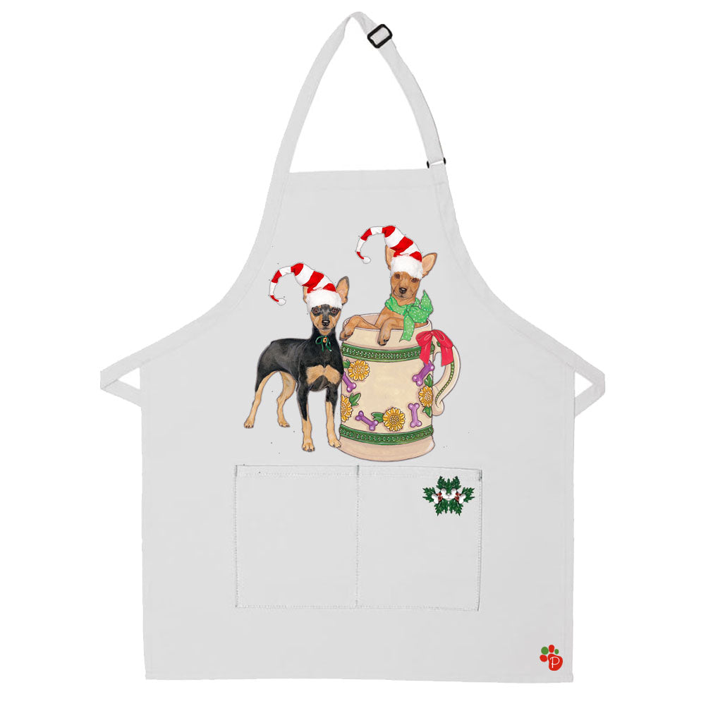 Miniature Pincher Min Pin Dog Christmas Apron Two Pocket Bib Apron with Adj Neck - Pipsqueakproductions