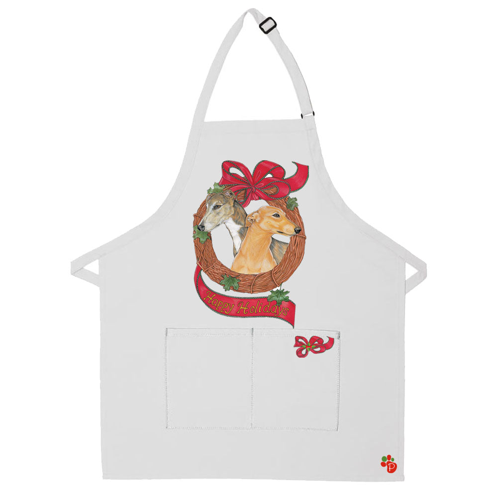 Greyhound Dog Wreath Christmas Apron Two Pocket Bib Apron with Adj Neck - Pipsqueakproductions