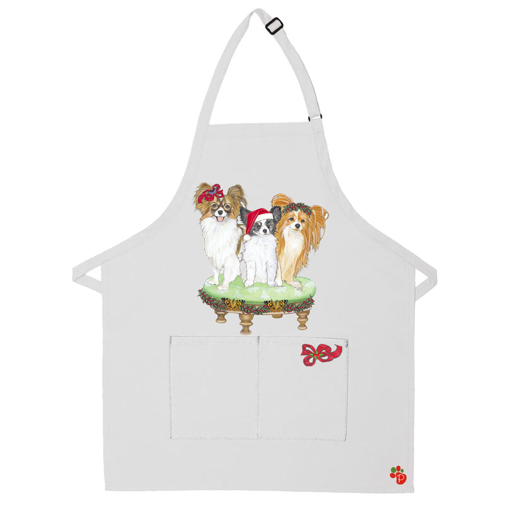 Papillon Dog Christmas Apron Two Pocket Bib Apron with Adj Neck - Pipsqueakproductions