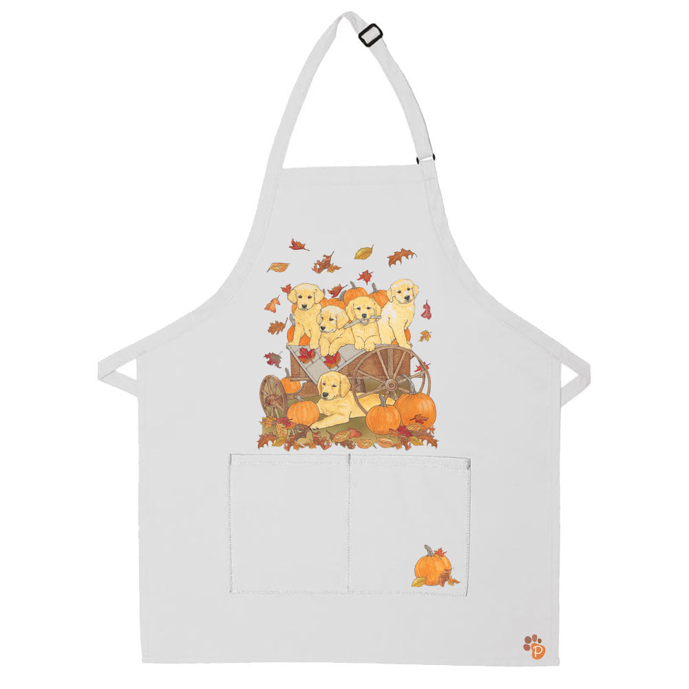 Golden Retriever Autumn Pumpkin Ride Apron Two Pocket Bib Apron with Adj Neck - Pipsqueakproductions