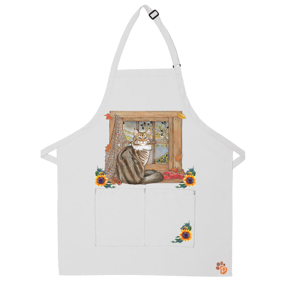 Maine Coon Cat Autumn Apron Two Pocket Bib Apron with Adj Neck - Pipsqueakproductions
