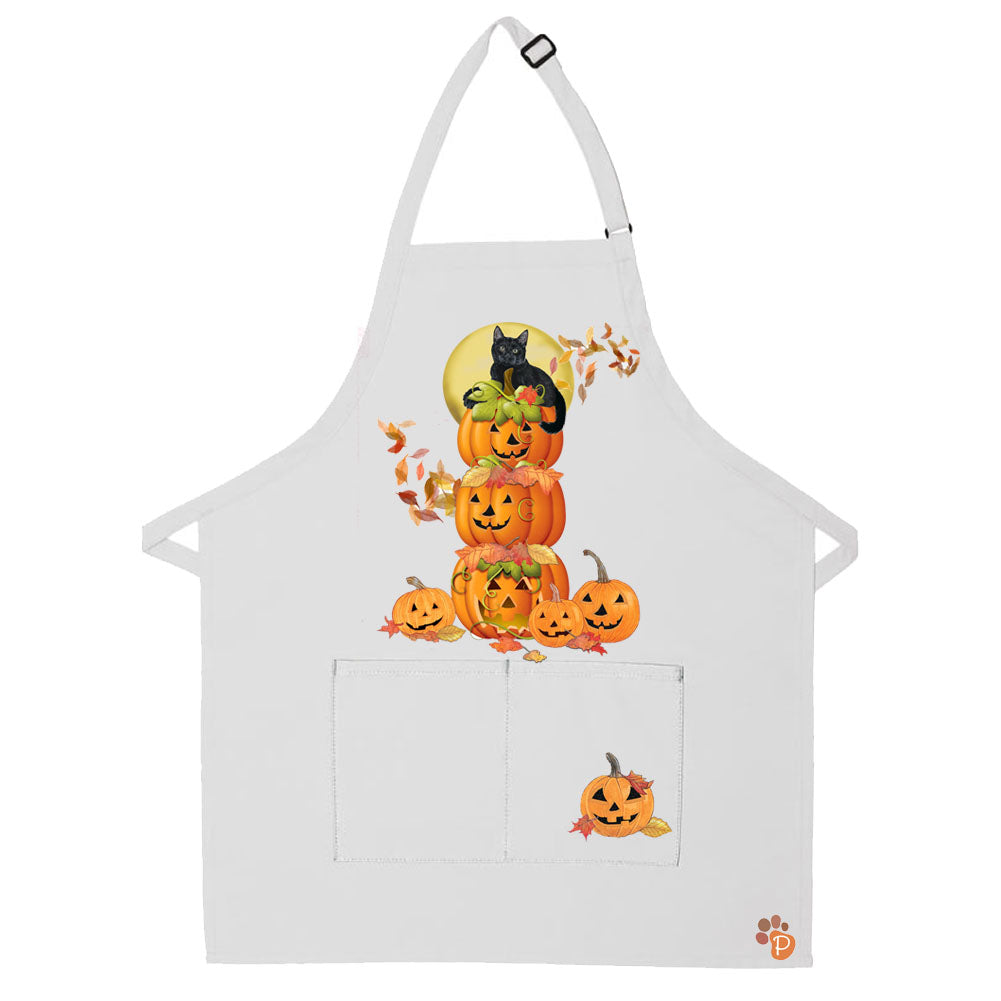 Black Cat Autumn Halloween Pumpkins Apron Two Pocket Bib Apron with Adj Neck