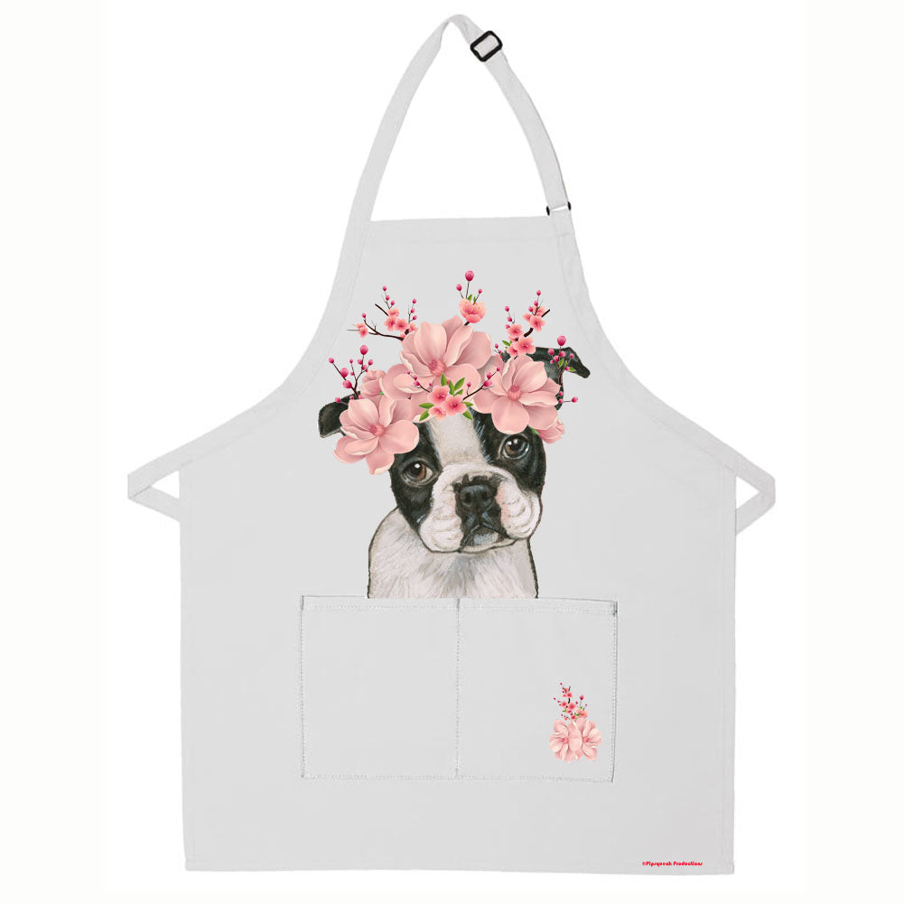 Boston Terrier Floral Apron Two Pocket Bib Apron with Adj Neck - Pipsqueakproductions