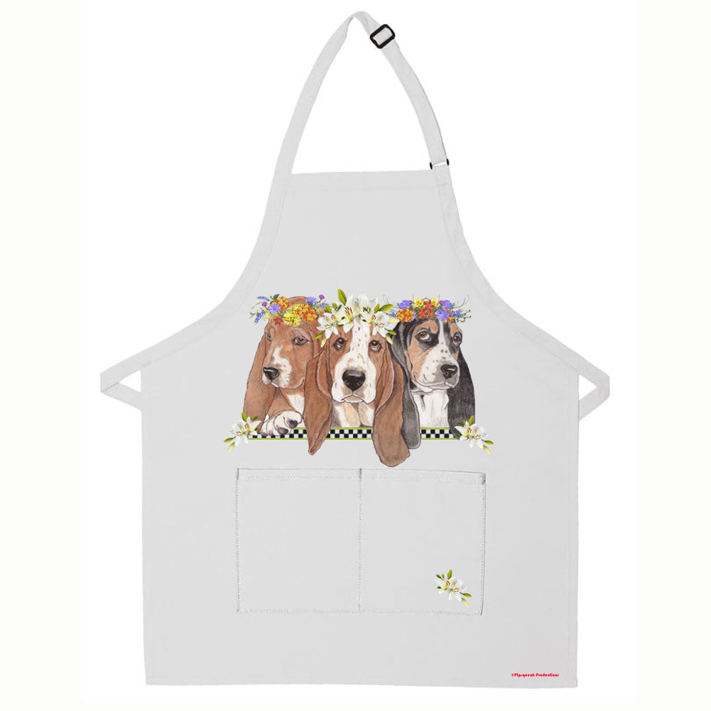Basset Hound Floral Apron Two Pocket Bib Apron with Adj Neck - Pipsqueakproductions