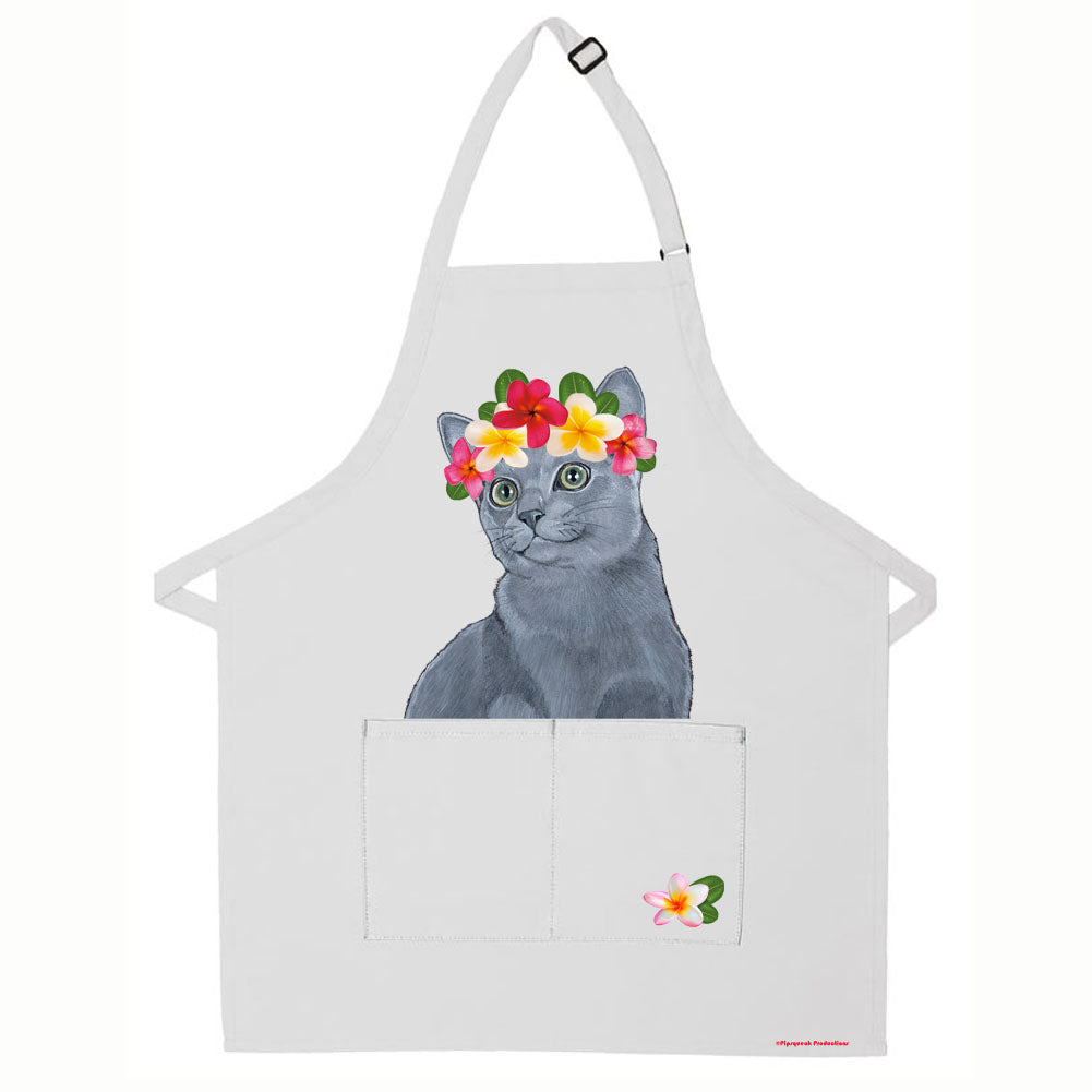 Russian Blue Cat Floral Apron Two Pocket Bib Apron with Adj Neck - Pipsqueakproductions