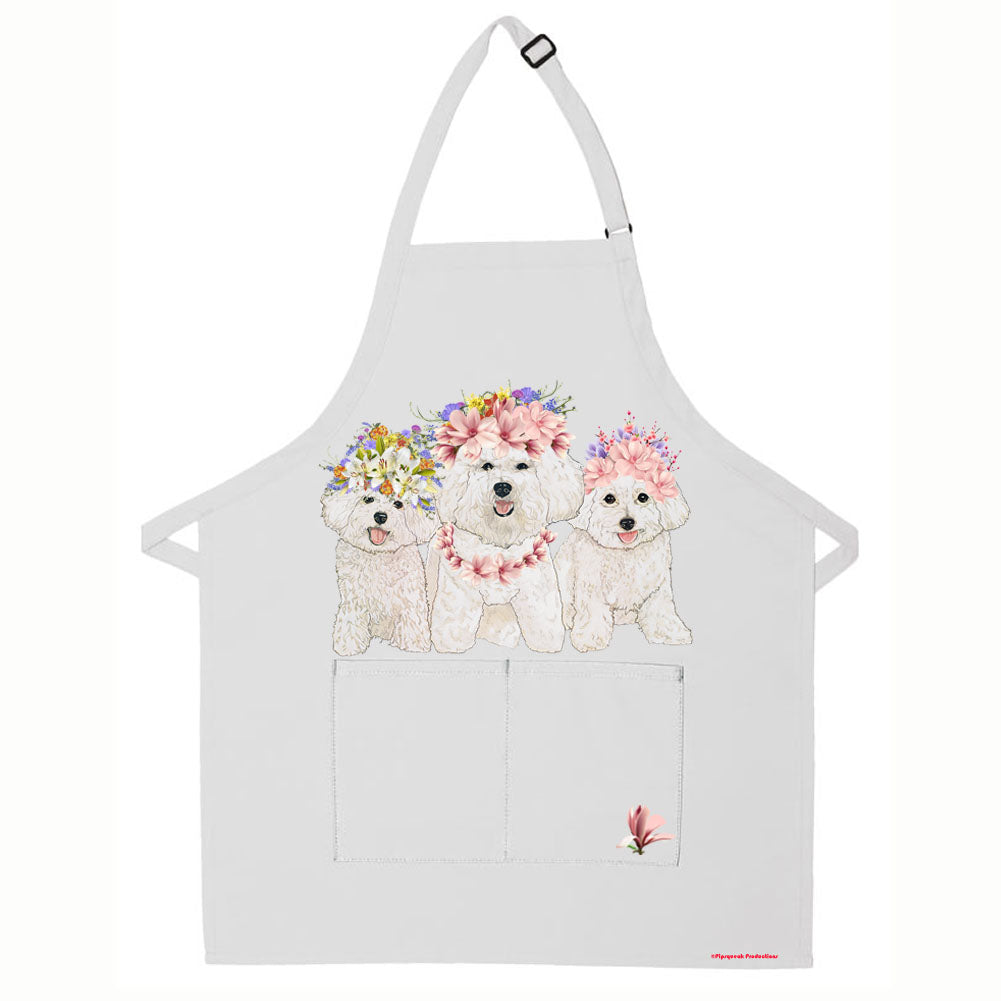 Bichon Frise Floral Apron Two Pocket Bib Apron with Adj Neck - Pipsqueakproductions