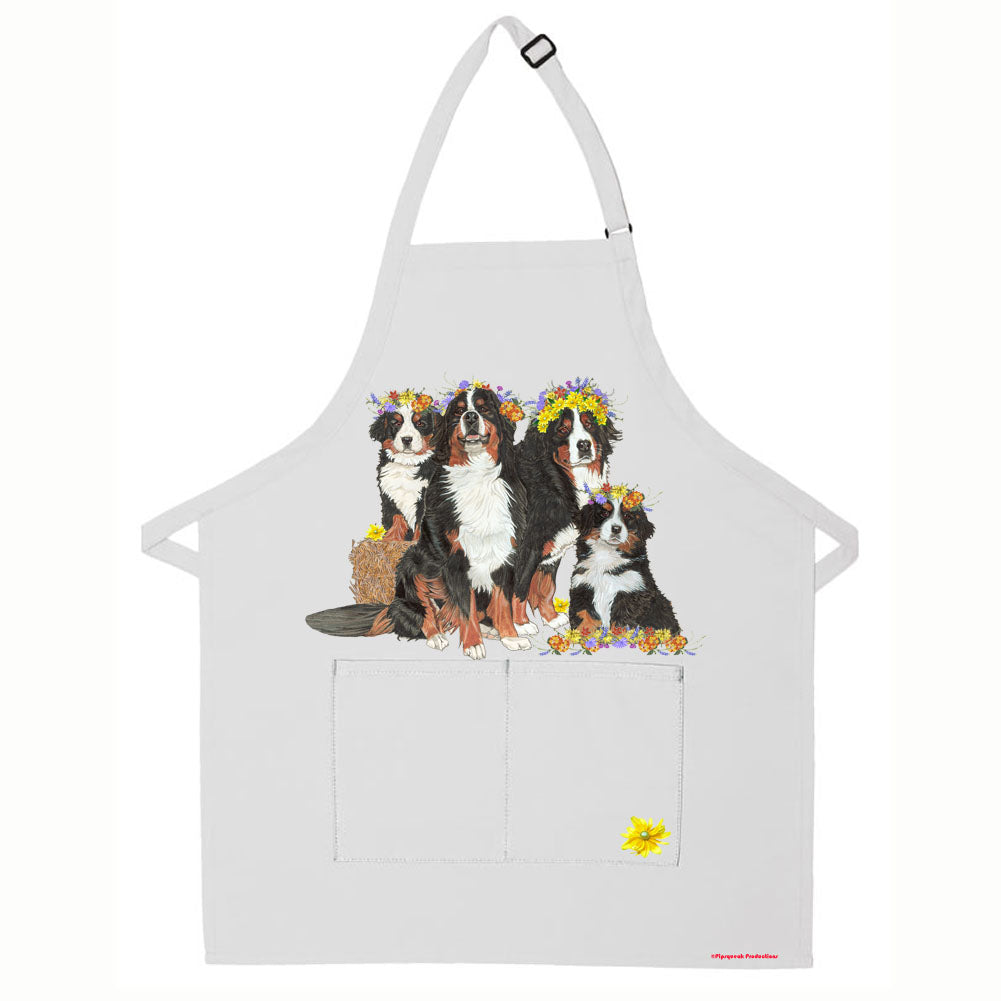 Bernese Mountain Dog Floral Apron Two Pocket Bib Apron with Adj Neck - Pipsqueakproductions