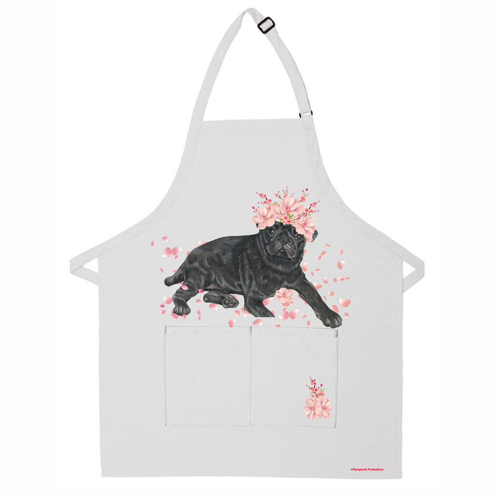 Pug Black Pug Floral Apron Two Pocket Bib Apron with Adj Neck - Pipsqueakproductions
