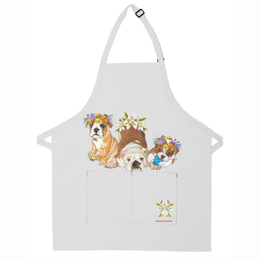 Bulldog Floral Apron Two Pocket Bib Apron with Adj Neck - Pipsqueakproductions