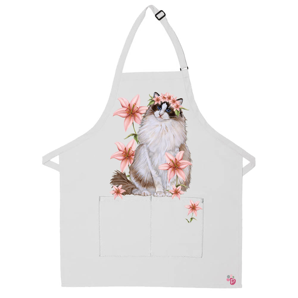 Ragdoll Cat with Pink Lilies Apron Two Pocket Bib Apron with Adj Neck - Pipsqueakproductions