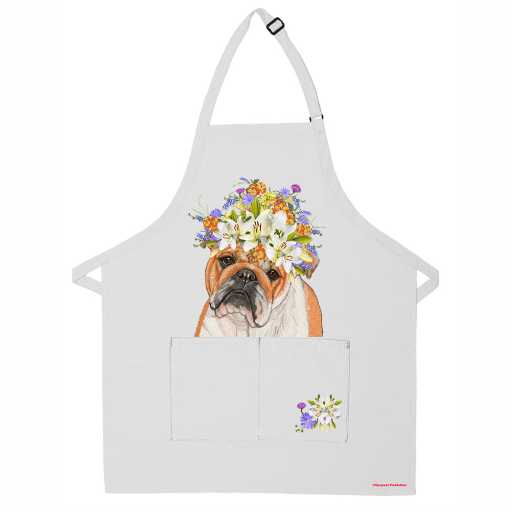 Bulldog Floral Apron Two Pocket Bib Apron with Adj Neck - Pipsqueakproductions