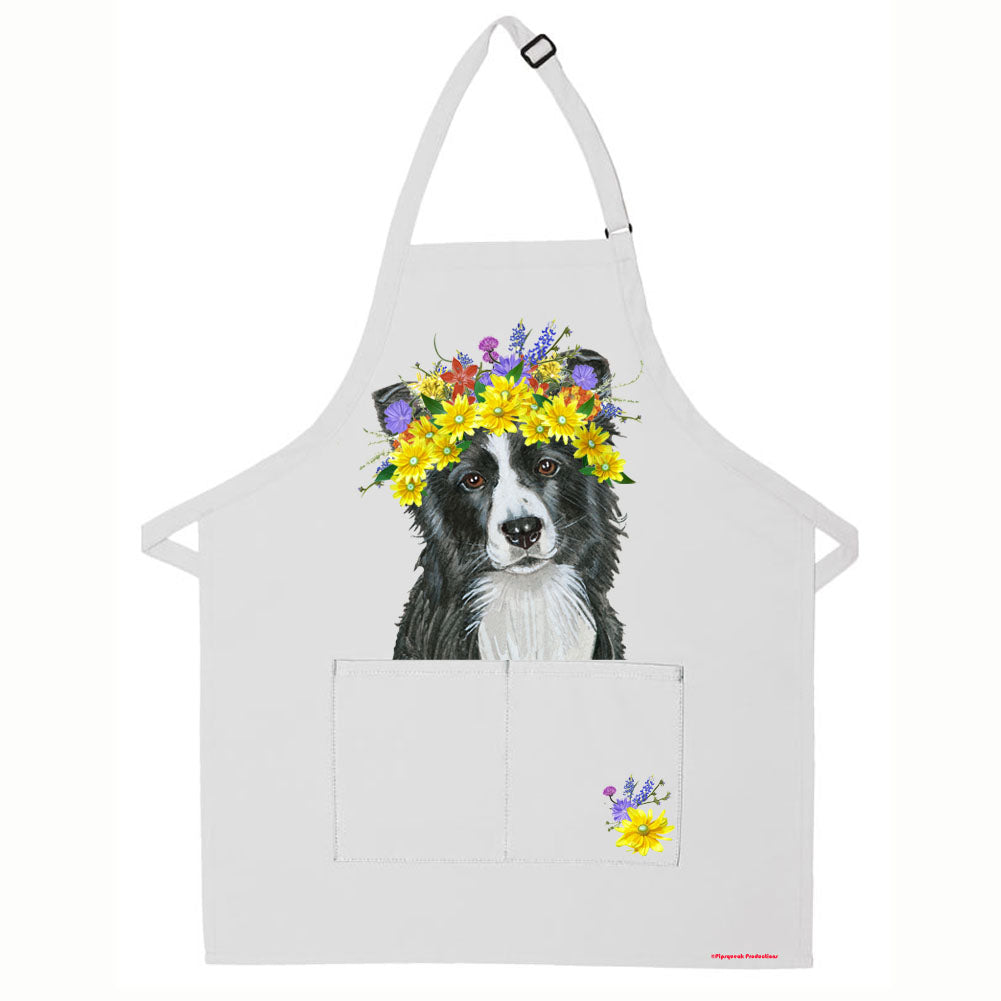 Border Collie Floral Apron Two Pocket Bib Apron with Adj Neck - Pipsqueakproductions