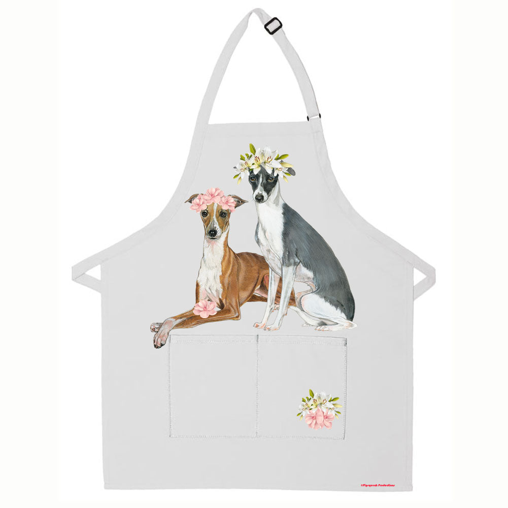 Italian Greyhound Floral  Apron Two Pocket Bib Apron with Adj Neck - Pipsqueakproductions