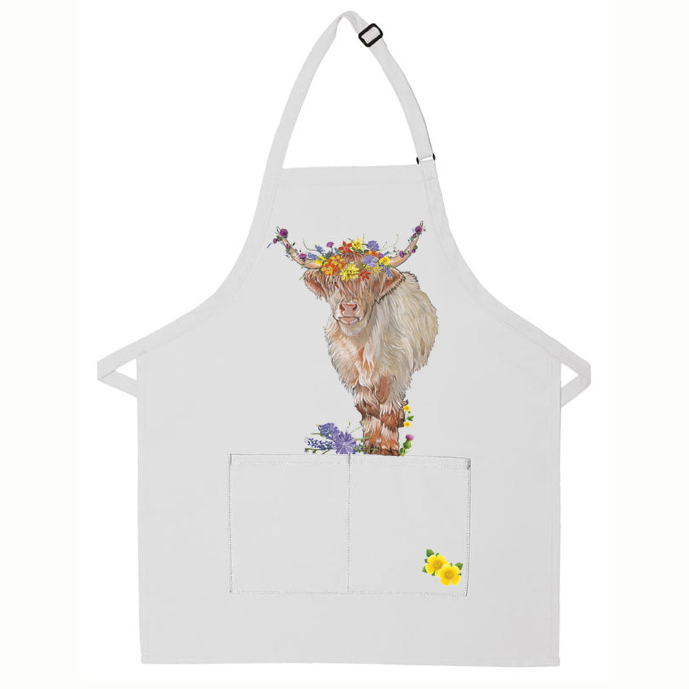 Cow Scottish Highland Floral Apron Two Pocket Bib Apron with Adj Neck - Pipsqueakproductions