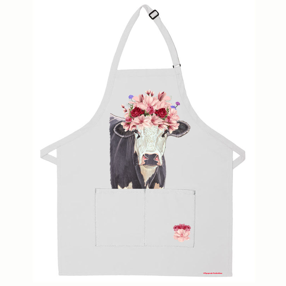 Cow Black and White Holstein Cow Floral Apron Two Pocket Bib Apron with Adj Neck - Pipsqueakproductions