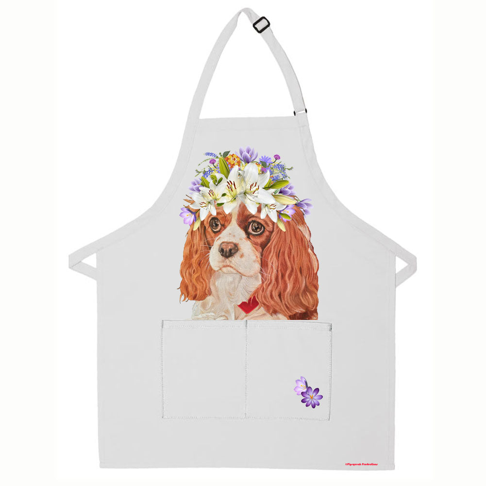 Cavalier King Charles Floral Apron Two Pocket Bib Apron with Adj Neck - Pipsqueakproductions