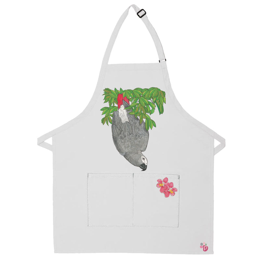 African Grey Parrot Floral Apron Two Pocket Bib Apron with Adj Neck - Pipsqueakproductions