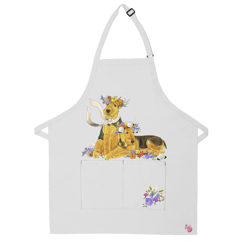 Airedale Terrier Floral Apron Two Pocket Bib Apron with Adj Neck - Pipsqueakproductions